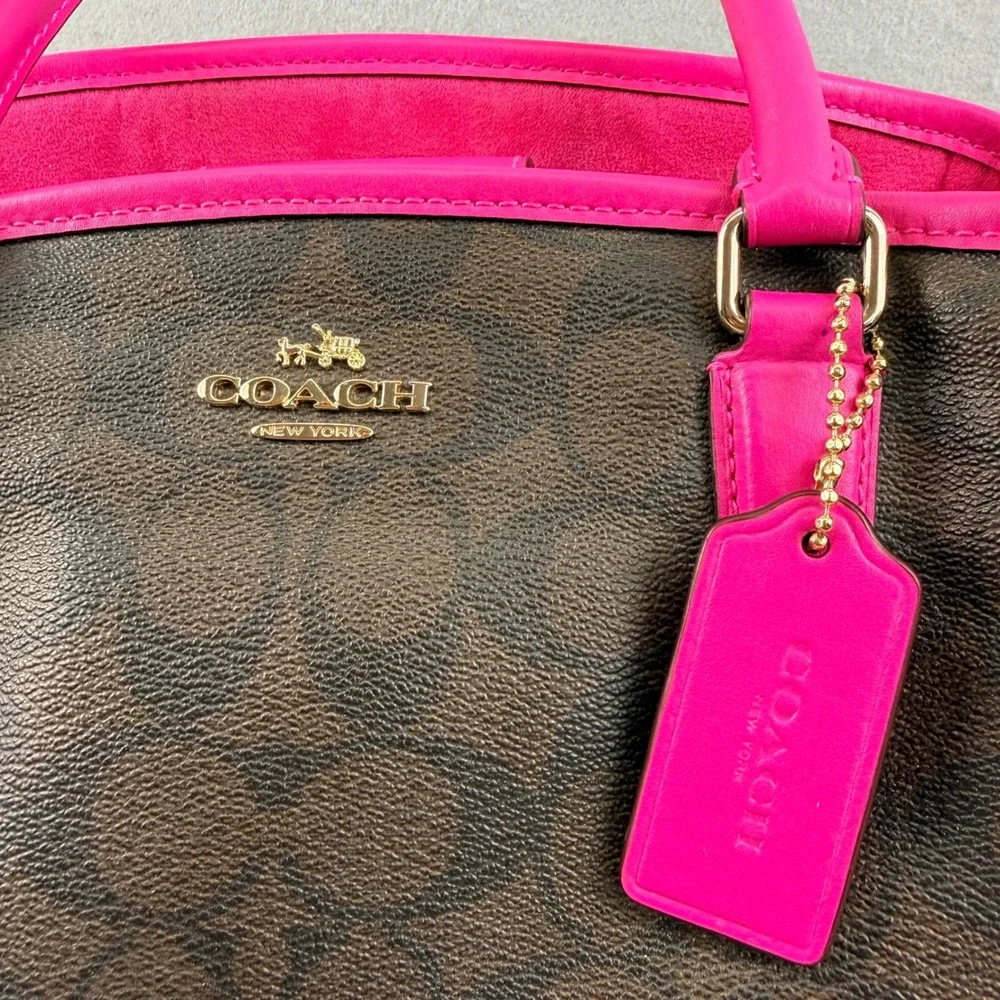 Coach Margot Carryall Signature Brown Canvas Bright Pink Trim Crossbody Tote Bag - Picture 6 of 12